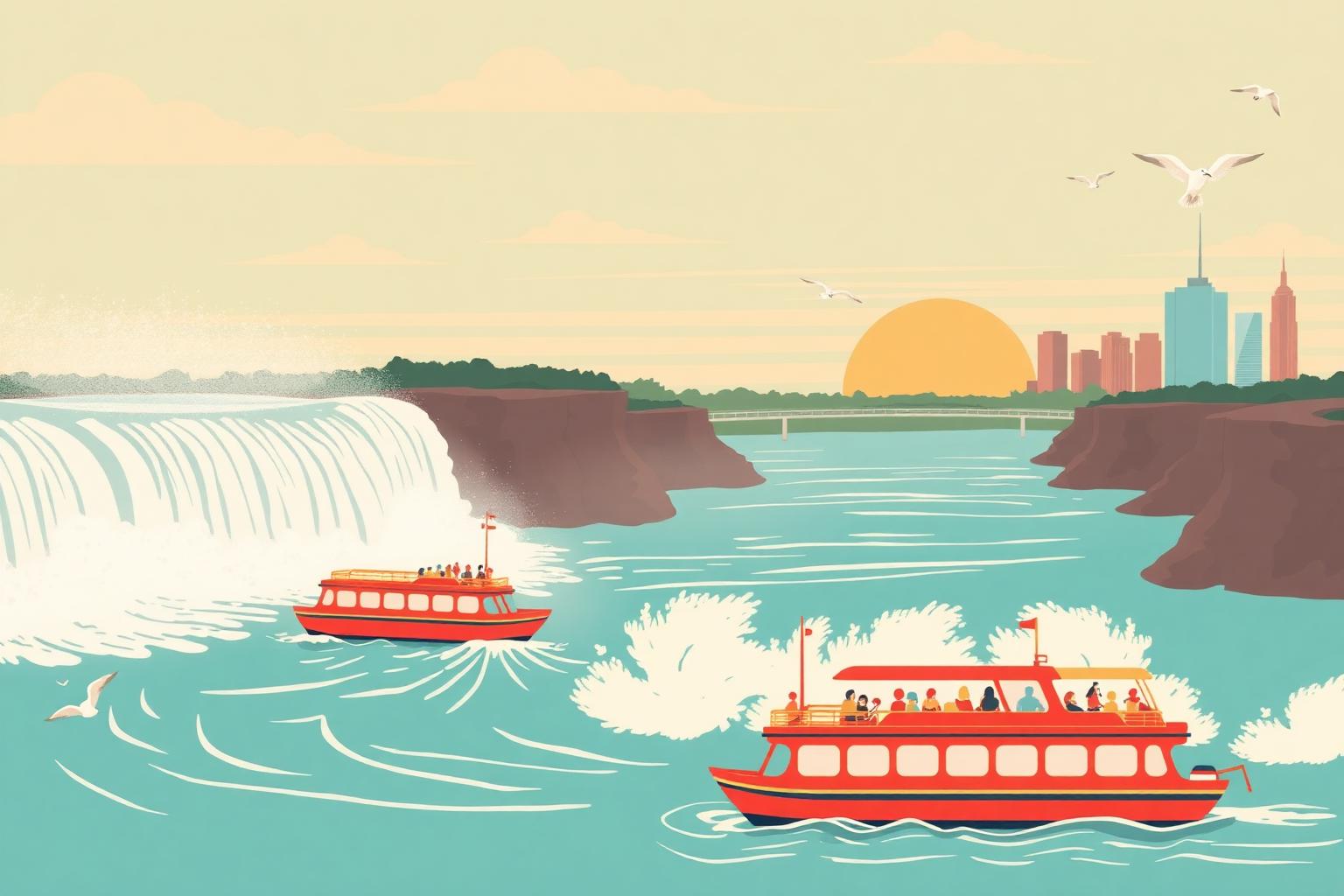 Illustration of tour boats at the base of Niagara Falls with the Buffalo skyline at sunset.
